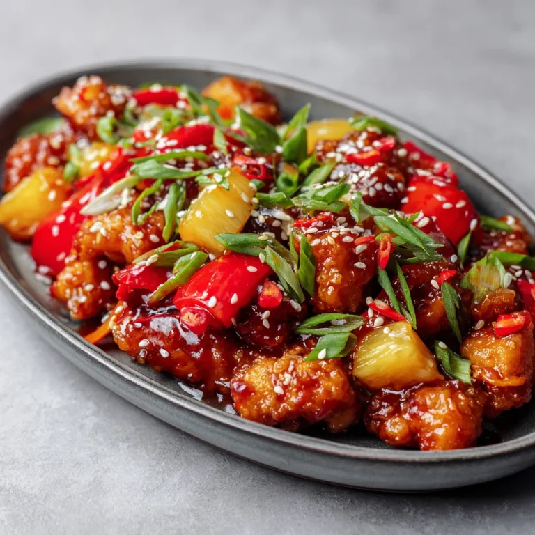 Close-up view of a plate of Easy Sweet & Sour Chicken with vibrant bell peppers and pineapple.