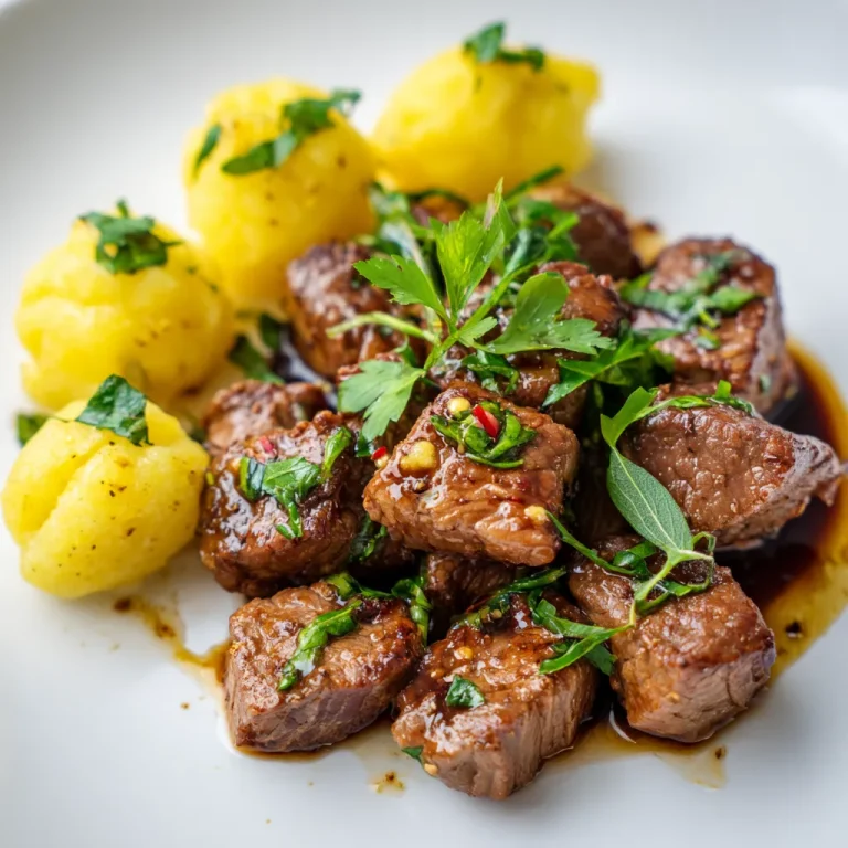 Close-up image of sizzling garlic butter steak bites alongside halved baby potatoes.