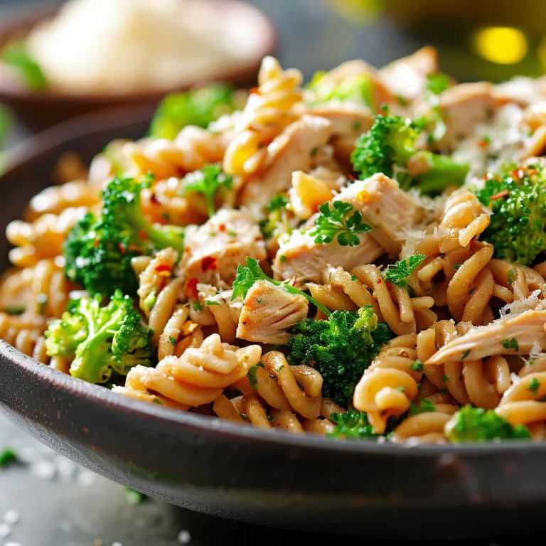 Close-up of a bowl of high protein rotisserie chicken broccoli pasta with a sprinkle of grated parmesan and fresh parsley.