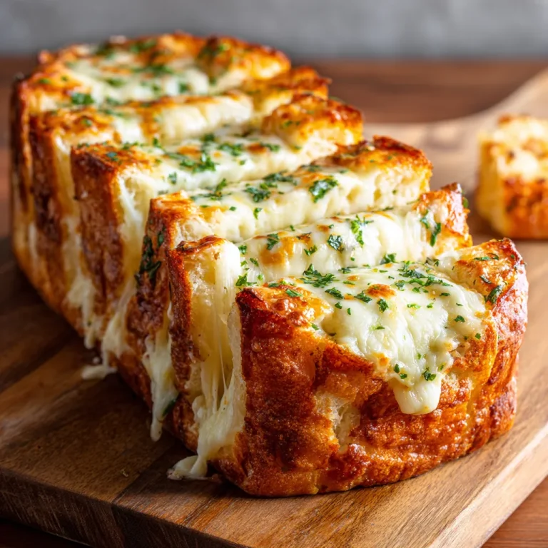 Close-up of cheesy garlic bread with melted cheese, golden crust, and herbs.