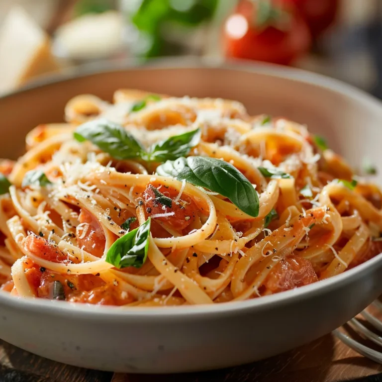 A close-up of creamy tomato garlic pasta topped with fresh basil and grated parmesan.