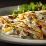 Close-up of cheesy garlic chicken wraps displayed on a wooden board, garnished with parsley.