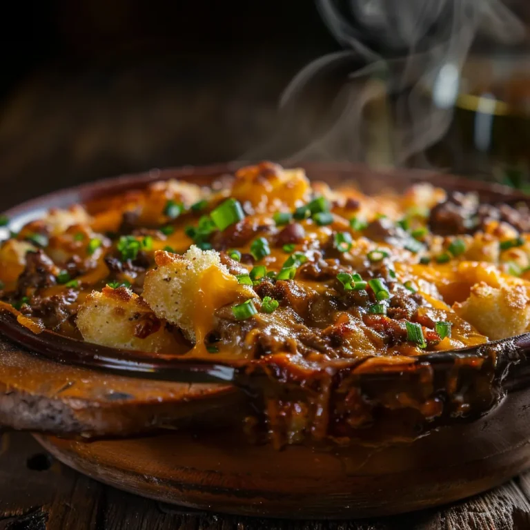 Close-up of Hobo Casserole featuring ground beef, tater tots, and melted cheese.
