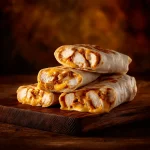 Close-up view of a cheesy chicken garlic wrap, revealing melted cheese and shredded chicken.