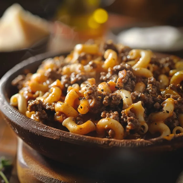 Close-up of a creamy Homemade Hamburger Helper featuring ground beef and elbow macaroni, garnished with melted cheese.