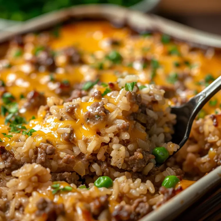 A close-up of a creamy ground beef and rice bake, showcasing its melted cheese and rich texture.
