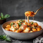 Close-up of creamy tomato garlic pasta garnished with fresh basil and parmesan.