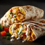 Close-up of a Cozy Cheesy Garlic Chicken Wrap with fresh spinach and melted cheese.