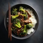 Close-up of a plate featuring Beef and Broccoli with vibrant green florets and tender beef slices.