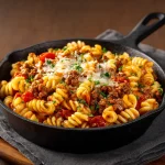 Close-up view of a vibrant bowl of Easy Homemade Hamburger Helper with ground beef, macaroni, and cheese.