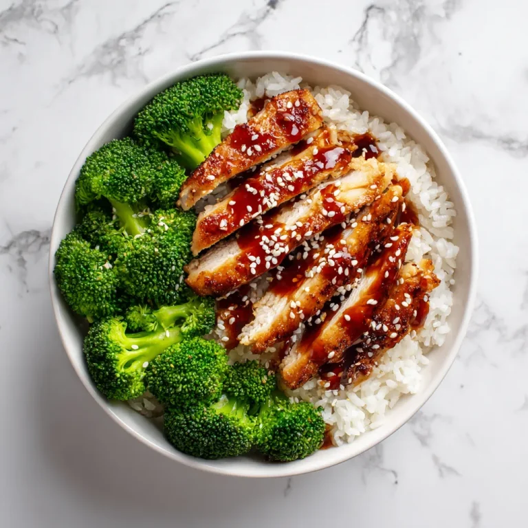 Close-up of a sticky chicken rice bowl topped with green onions and sesame seeds.