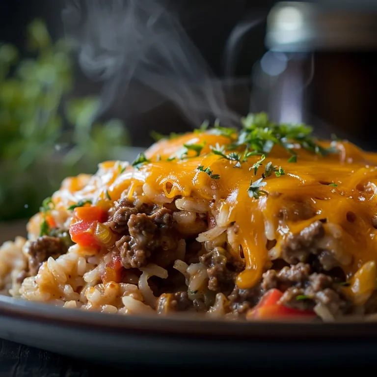 A close-up view of a Cheesy Hamburger Rice Casserole topped with melted cheese, displaying ground beef and mixed vegetables.