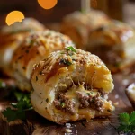 A close-up of Garlic Parmesan Cheeseburger Bombs with a golden-brown crust, melted cheese oozing from the center, and a sprinkle of parsley on top.