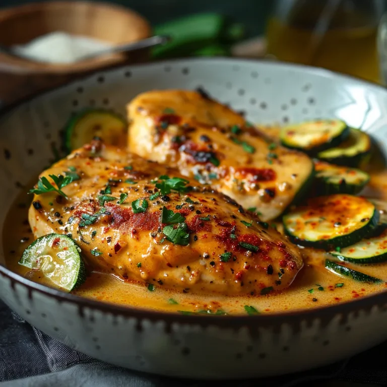 Close-up of creamy paprika zucchini chicken dish with vibrant colors.