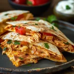 Close-up of a chicken quesadilla filled with cheese, peppers, and onions, served on a plate.