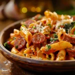 A close-up view of creamy smoked sausage pasta with spinach and parmesan, bathed in warm, natural light.