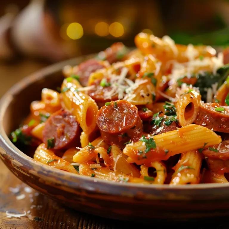 Weeknight Wonder: Creamy Smoked Sausage Pasta That Whispers Comfort A close-up view of creamy smoked sausage pasta with spinach and parmesan, bathed in warm, natural light.