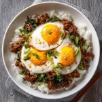 A close-up of flavorful Easy Ground Beef Bulgogi, glistening with sauce and garnished with green onions and sesame seeds.