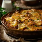Close-up of Cheesy Ground Beef & Potato Casserole with a golden cheese topping and layers of sliced potatoes.