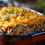 A close-up view of a Cheesy Hamburger Rice Casserole, showcasing melted cheese and colorful ingredients.