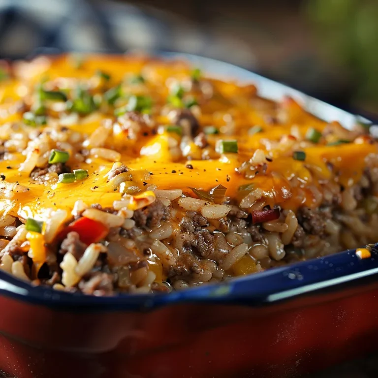 A close-up view of a Cheesy Hamburger Rice Casserole, showcasing melted cheese and colorful ingredients.
