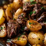 Close-up of tender beef bites and halved baby potatoes in a garlic butter sauce.