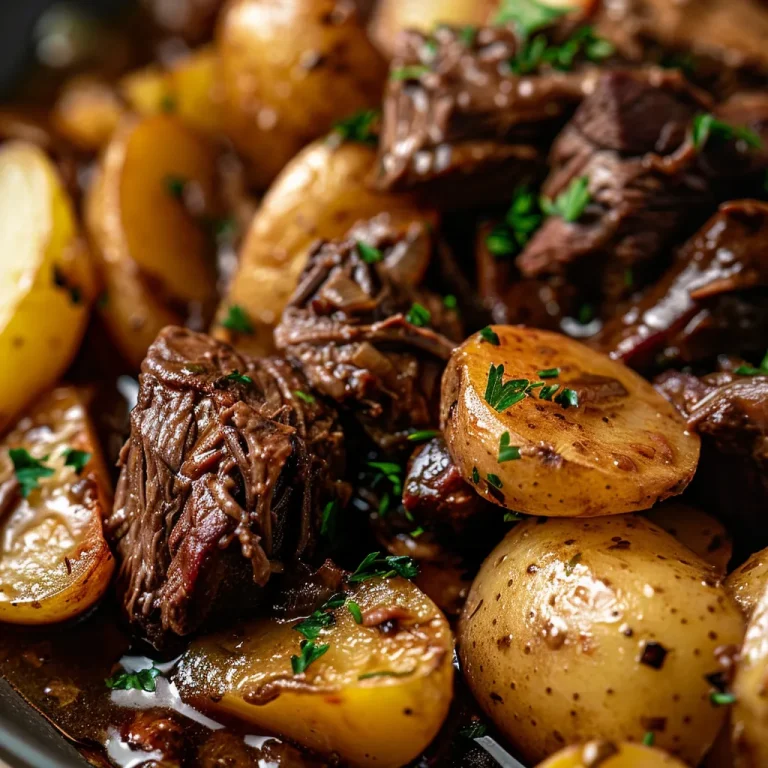 Close-up of tender beef bites and halved baby potatoes in a garlic butter sauce.
