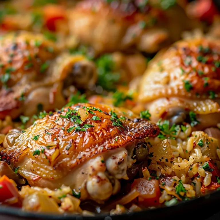 Close-up of a One-Pan Chicken and Rice Bake with golden chicken thighs and colorful vegetables.