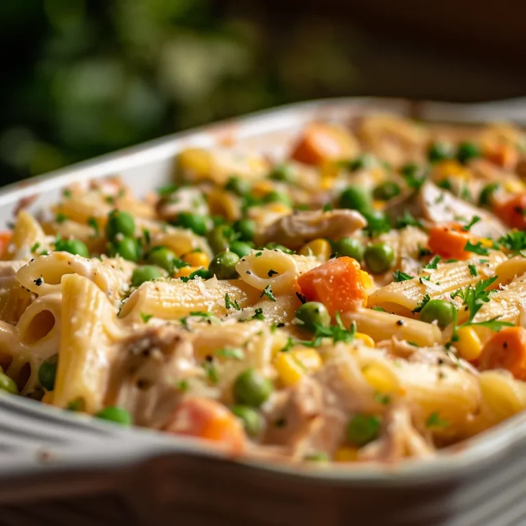 A close-up shot of a creamy chicken pot pie pasta dish topped with melted cheese and fresh parsley.