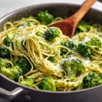 Close-up of whole wheat pasta tossed with fresh broccoli, garlic, and olive oil.