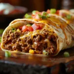 Close-up of a beefy melt burrito filled with ground beef, cheese, and rice, served on a wooden table.
