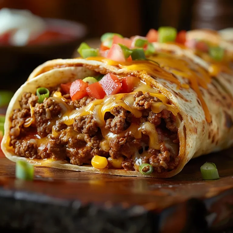 Close-up of a beefy melt burrito filled with ground beef, cheese, and rice, served on a wooden table.