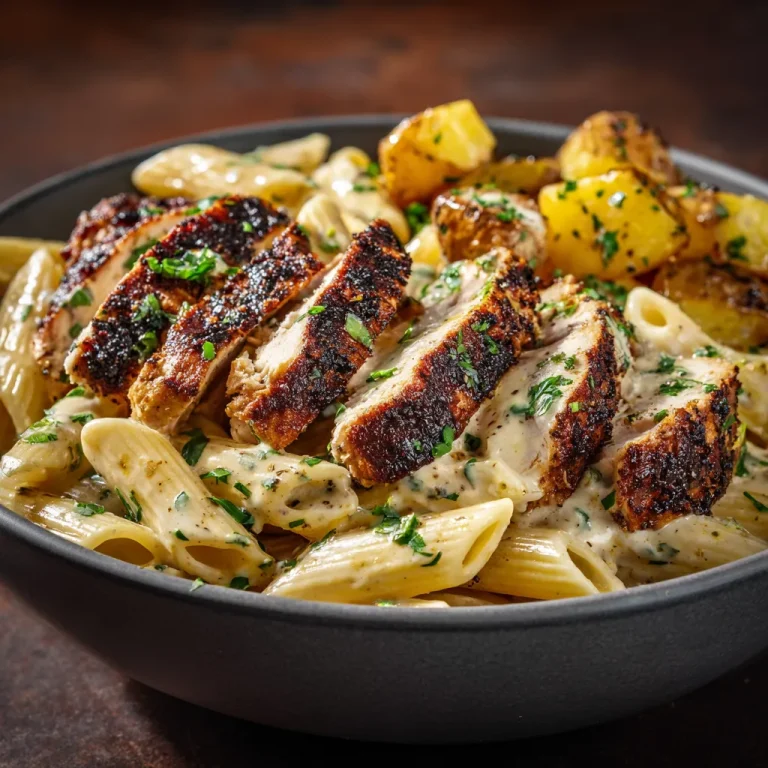 A close-up shot of grilled chicken topped with herbs, creamy pesto pasta, and roasted baby potatoes.