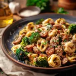 Close-up of Garlic Parmesan Tortellini with sausage and broccoli in a bowl, garnished with parsley.