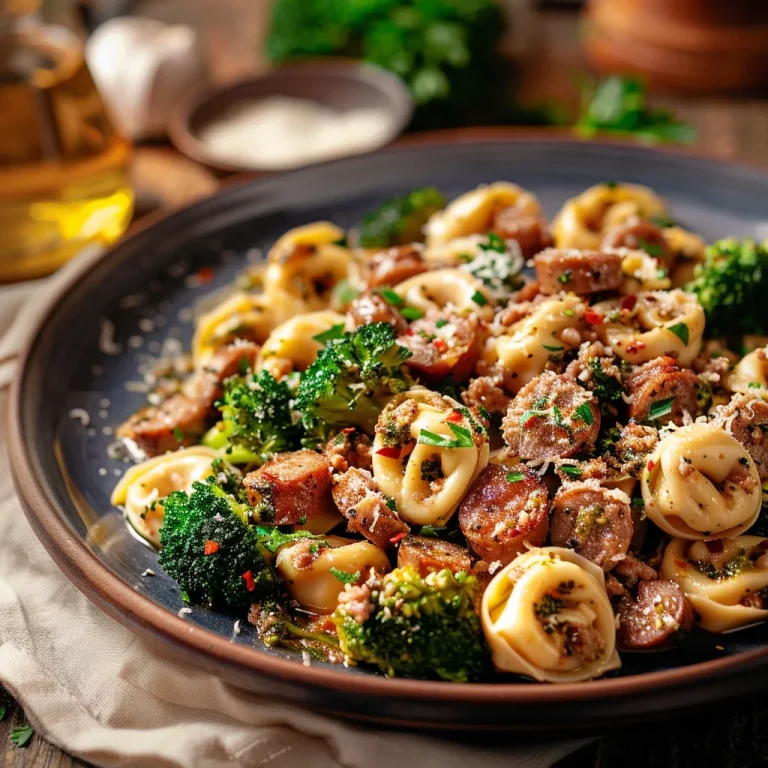 Close-up of Garlic Parmesan Tortellini with sausage and broccoli in a bowl, garnished with parsley.