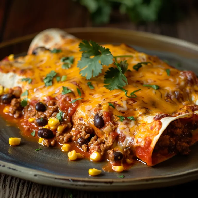 Close-up of cheesy ground beef enchiladas topped with fresh cilantro, served in a rustic dish.