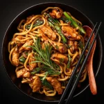 A close-up shot of sticky garlic chicken noodles featuring sliced chicken, noodles, and garnishes.