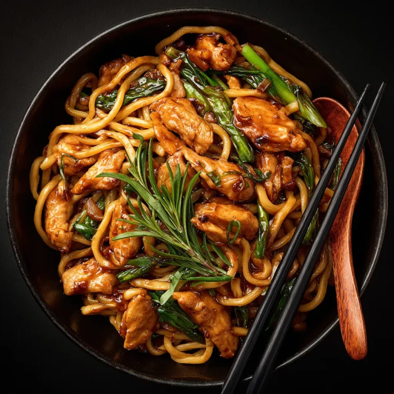 A close-up shot of sticky garlic chicken noodles featuring sliced chicken, noodles, and garnishes.