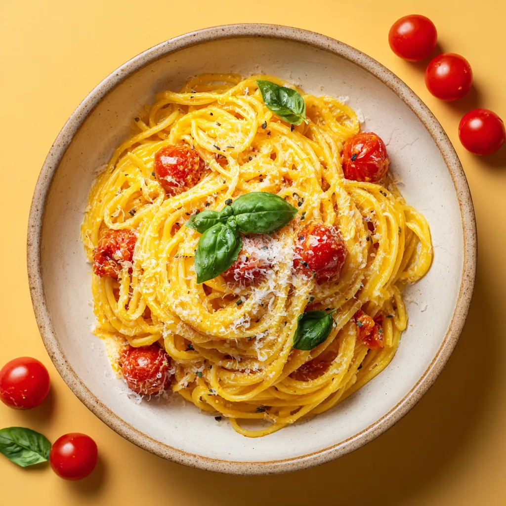Eye-level shot of a creamy pasta dish topped with roasted cherry tomatoes and garlic.