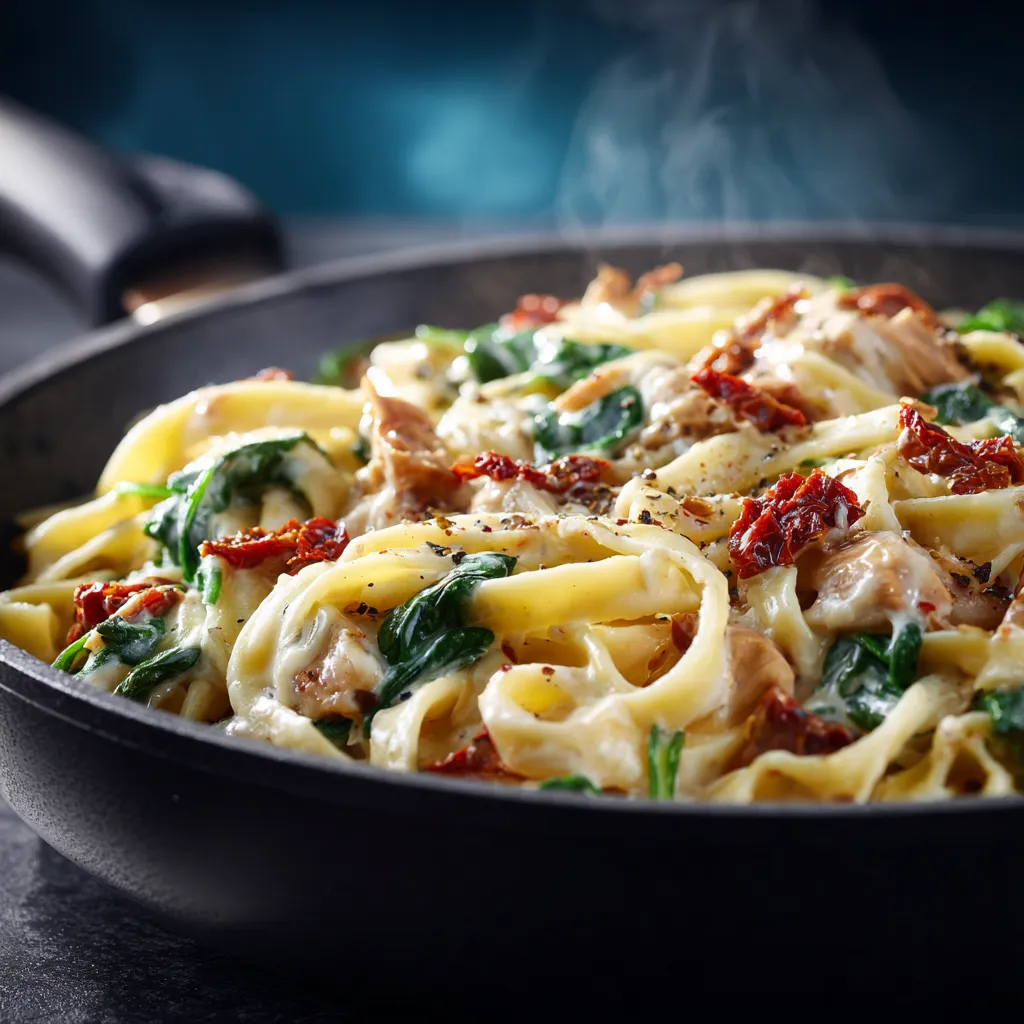 Plate of spinach tomato pasta garnished with fresh ingredients, captured at eye level.