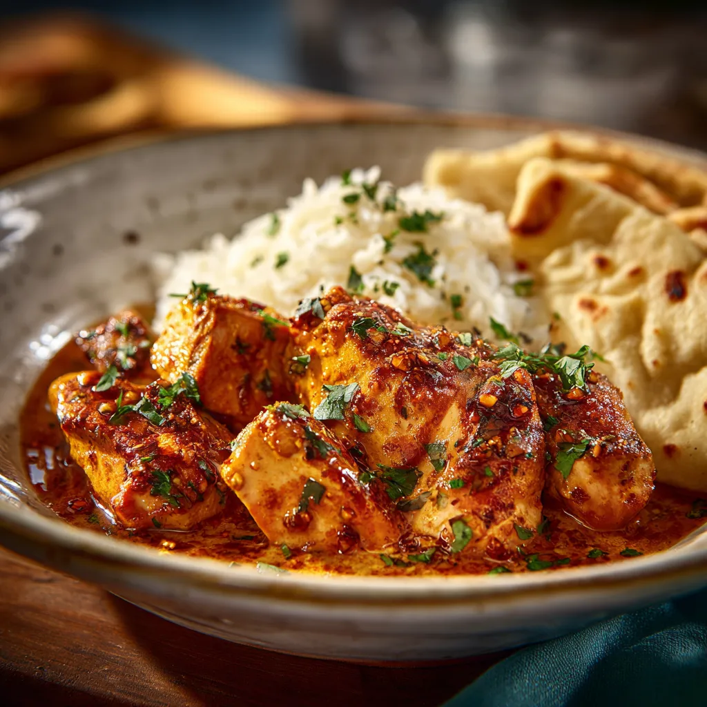 Delicious butter chicken dish, featuring tender chicken chunks in a rich, buttery sauce.