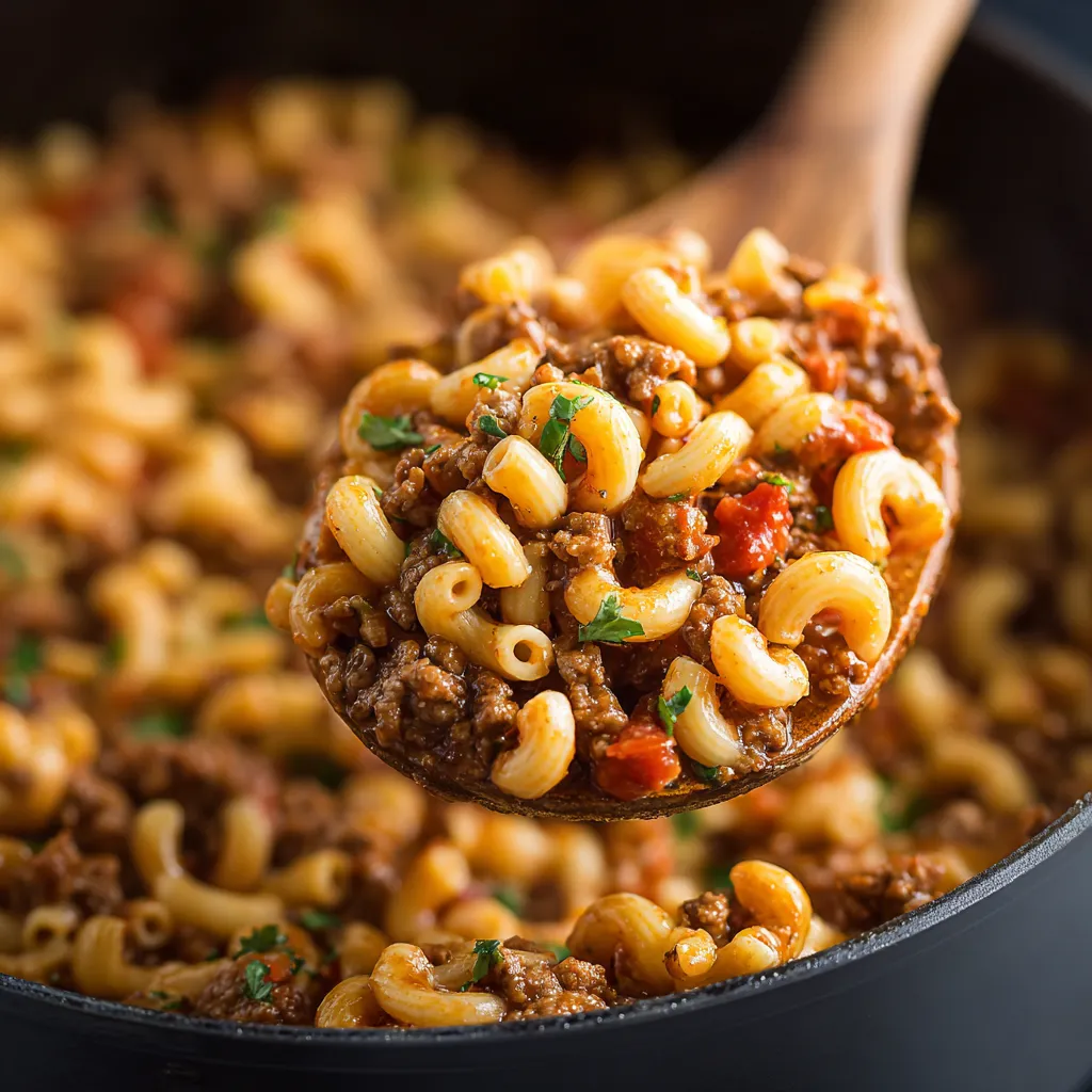 Delicious Hamburger Helper featuring elbow macaroni and melted cheese, photographed at eye level.