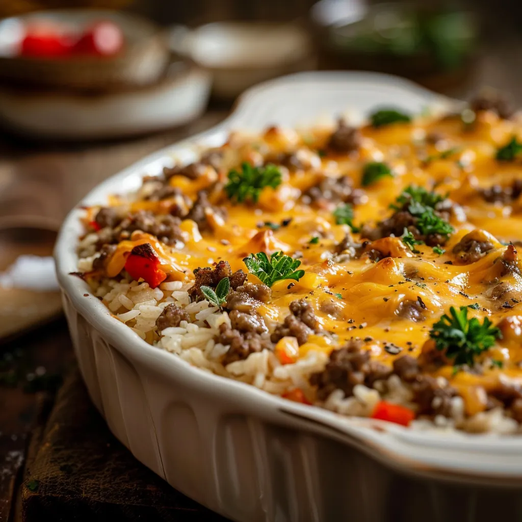 Deliciously baked chicken breast on top of fluffy rice and mixed vegetables in a casserole dish.