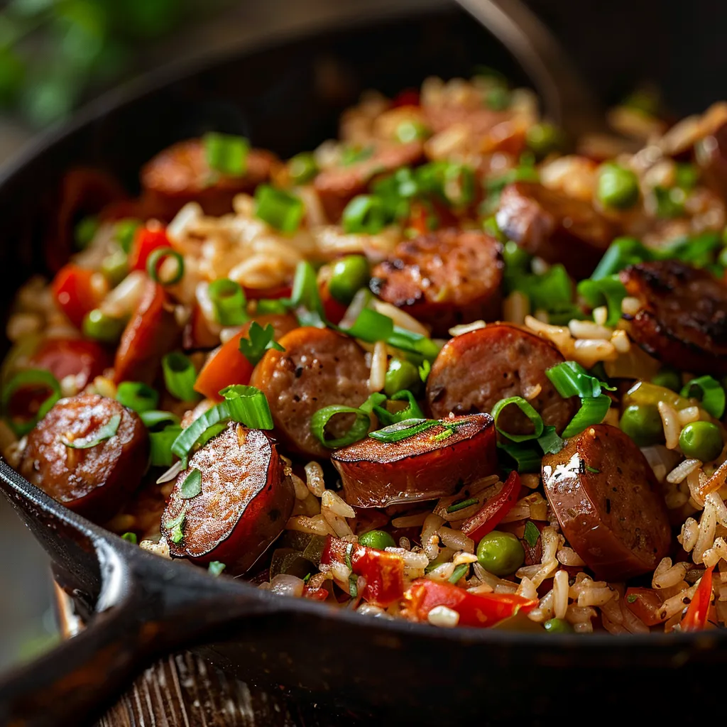 An overhead view of a hearty Cajun Sausage and Rice Skillet filled with ingredients like sausage, rice, diced tomatoes, and bell peppers.