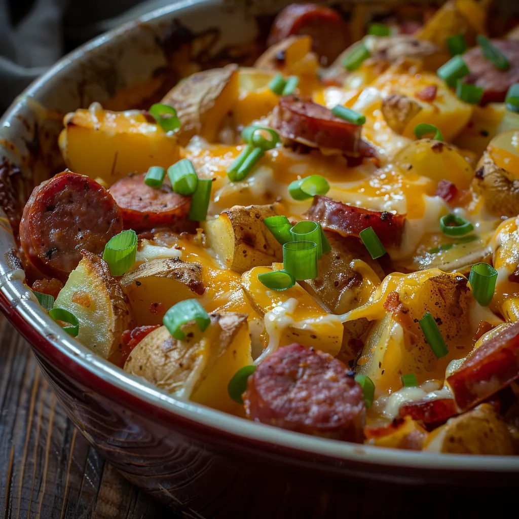 Delicious dish of cheesy ranch potatoes mixed with smoked sausage, garnished with green onions.