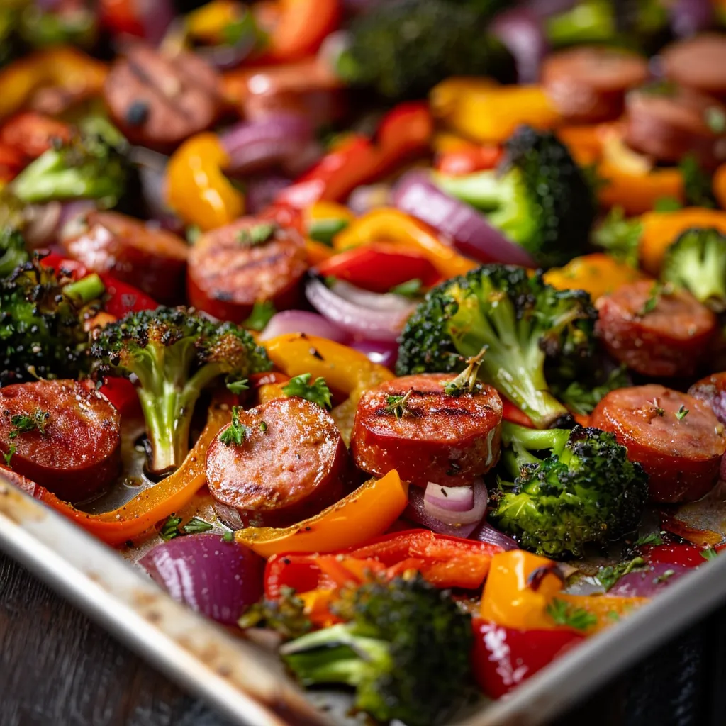 A vibrant assortment of colorful vegetables and sausage laid out on a sheet pan, illuminated by natural light.