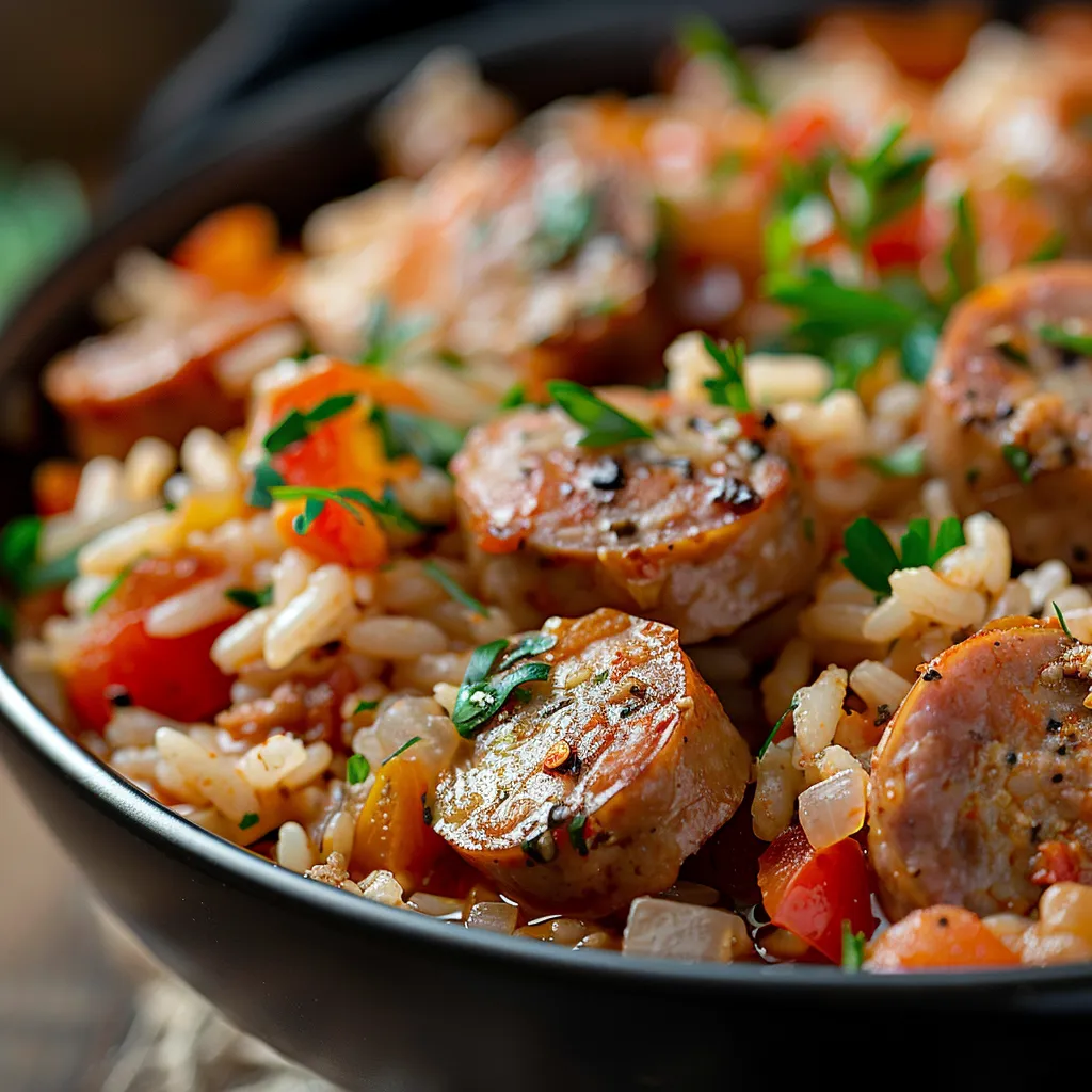 A delicious serving of sausage and rice in a warm, inviting setting, showcasing the dish's vibrant ingredients.