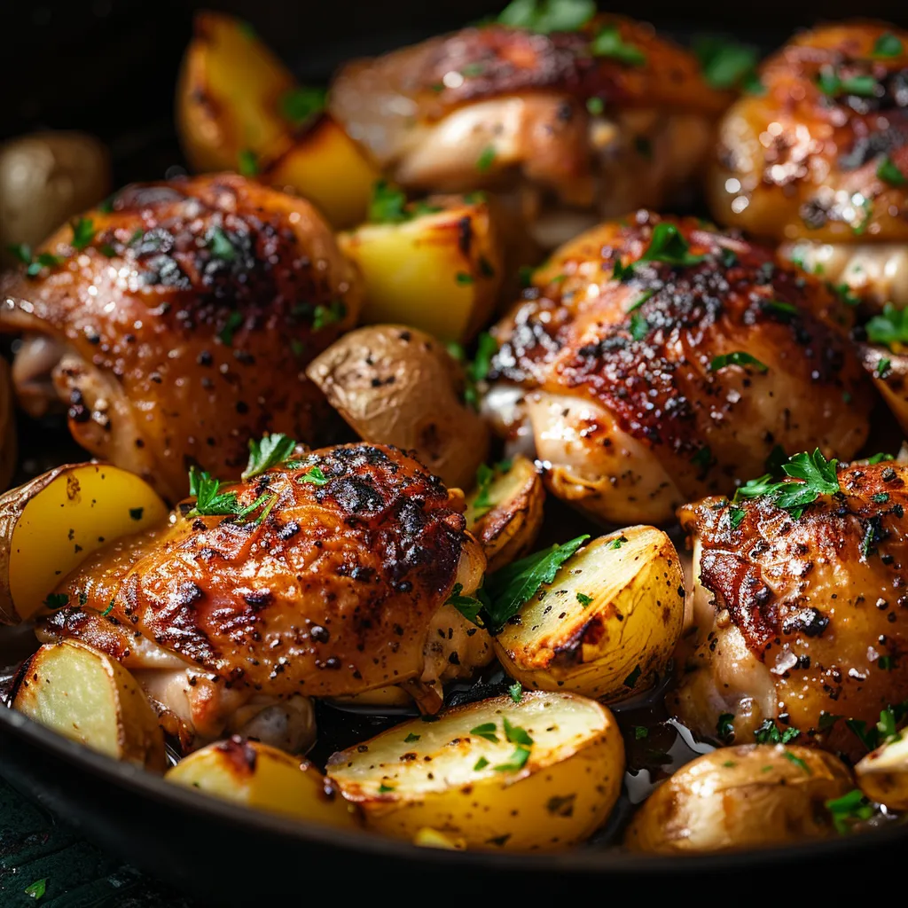 A beautifully arranged dish of One Pan Chicken and Potatoes, showcasing succulent chicken and perfectly roasted potatoes.