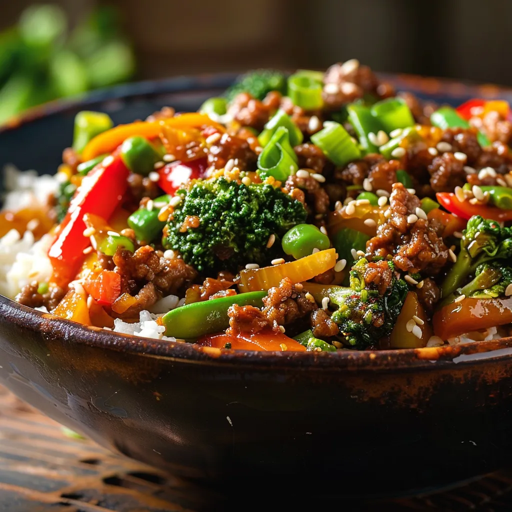 An eye-level view of a vibrant stir-fry bowl with ground beef, broccoli, and bell peppers.