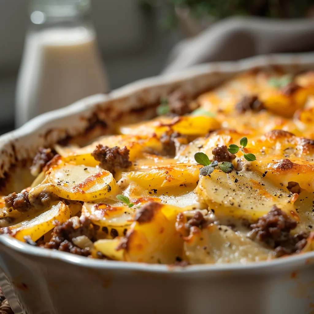 A warm, inviting dish of ground beef mixed with potatoes, onions, and peas in natural light.
